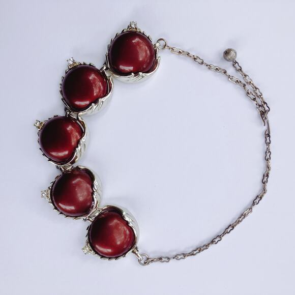 Vintage Mid Century Gold Tone Necklace Brown Cabochons Prong Set Rhinestones - Picture 12 of 16